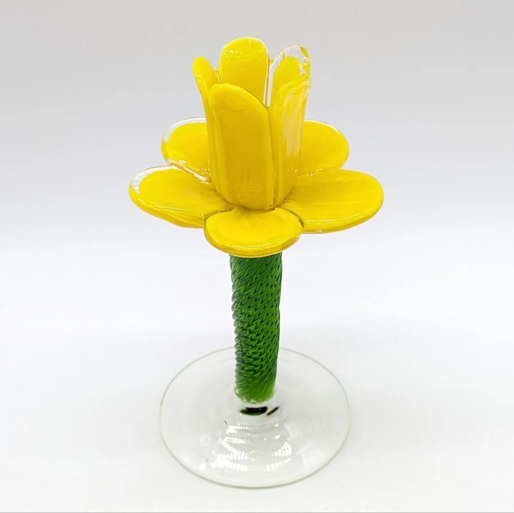 Handblown Yellow Daffodil Green Floral Glass Candlestick Holder
